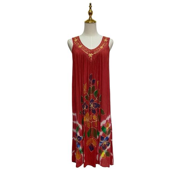 Boho Rust Gauze Embroidered Tie Dye House Dress Women’s size M - Picture 1 of 5